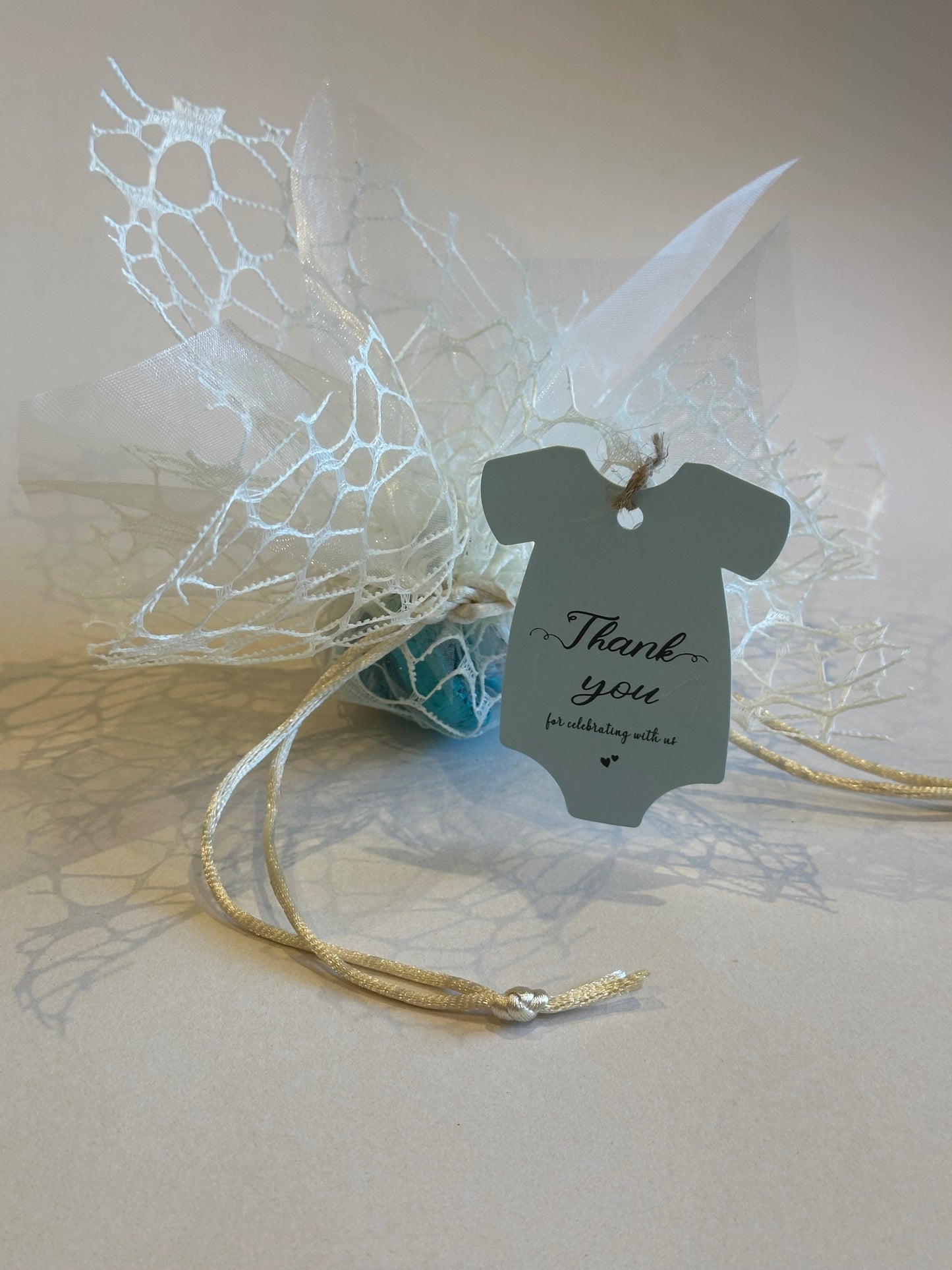 Organza net - ivory-with BLUE chocolate hearts