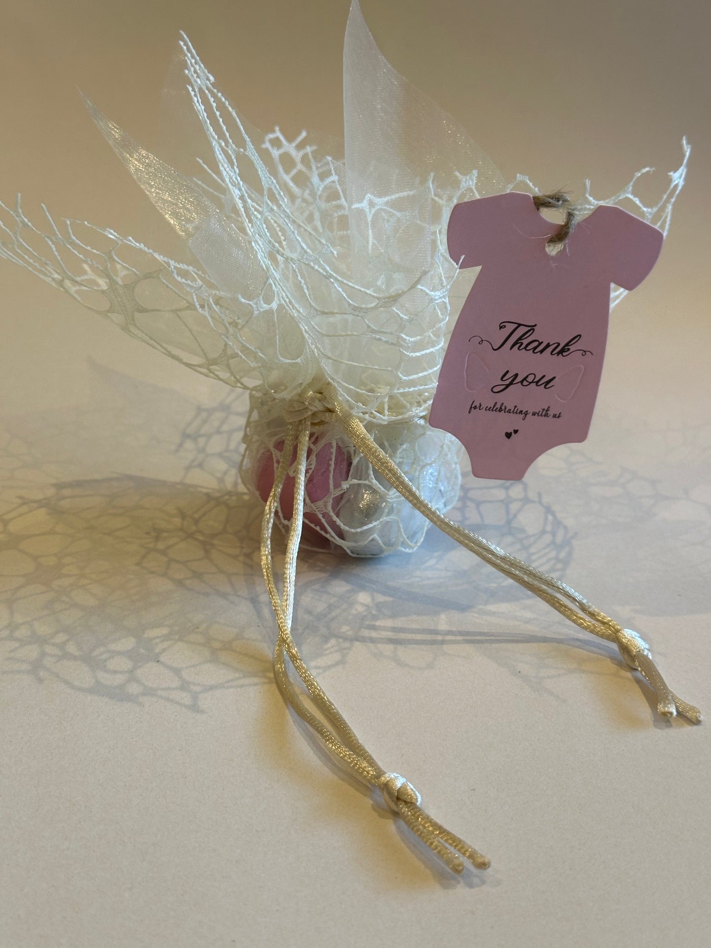 Organza net - ivory-with PINK chocolate hearts